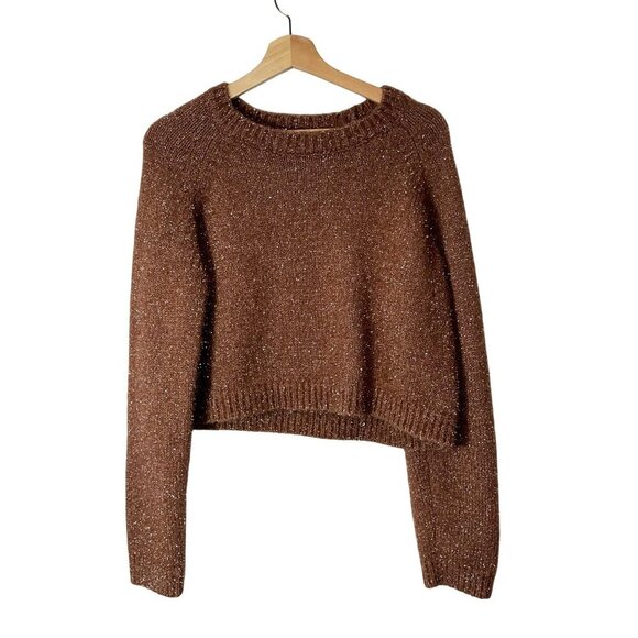 MIOU MUSE Womens Glitter Knit Crop Sweater  Size Large Broqn - Picture 1 of 8